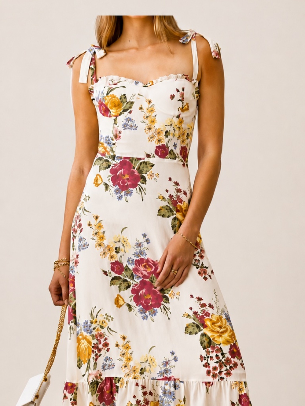 Reformation Nikita Floral Midi Dress Ivory Tie Strap